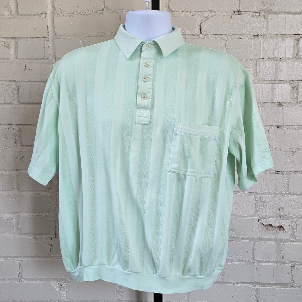 Vintage 90s Tropi-Cool Mint Green Striped Knit Polo Banded Hem Shirt Men's Large